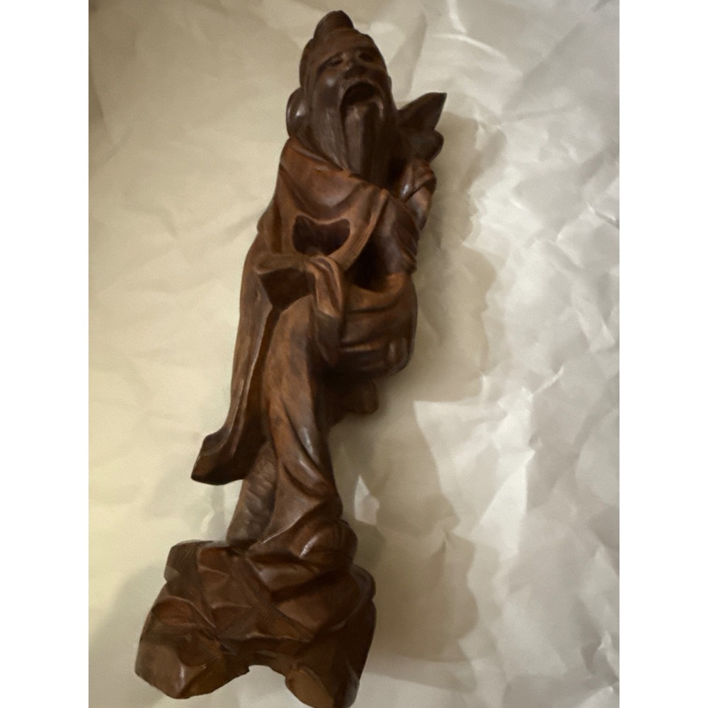 Vintage Chinese Hand-Carved Wood Figurine Wise Man Statue Mid 20th Century
